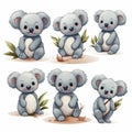 Cute koala cartoon character set. Vector illustration isolated on white background Royalty Free Stock Photo