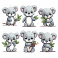 Cute koala cartoon character set. Vector illustration isolated on white background Royalty Free Stock Photo