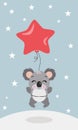 Cute koala flying with star balloon in winter greeting card