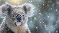 Cute koala in the forest on a background of falling snow Generative AI
