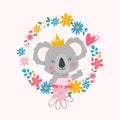Cute Koala girl holding a birthday muffin with a candle, birthday card,invitation.Vector flat illustration.