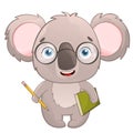 A cute koala with glasses holds a book and a pencil, isolated on a white background. Cute pupil, animal baby. Back to Royalty Free Stock Photo