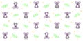 Kids seamless pattern with cute koala, green twigs and small yellow stars on a white background Royalty Free Stock Photo