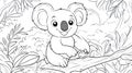 Cute Koala Bear Coloring Page Outline on Tree Branch Surrounded by Leaves Royalty Free Stock Photo