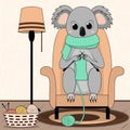 Cute koala knitter. Cartoon animal character sitting in the chair at home and knitting scarf. Flat illustration