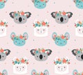 Cute koala, llama and mouse heads with flower crown, vector seamless pattern design for nursery, poster, birthday