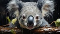 Cute koala looking at camera, wet fur, in nature embrace generated by AI