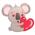 A cute koala with loving eyes sits and holds a red heart in her hands. Postcard in children's cartoon style. Vector Royalty Free Stock Photo