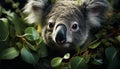 Cute koala, marsupial mammal, looking at camera in eucalyptus tree generated by AI