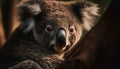 Cute koala, marsupial mammal, looking at camera, sitting on branch generated by AI