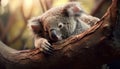 Cute koala, marsupial mammal, sitting on eucalyptus tree branch generated by AI Royalty Free Stock Photo