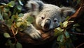 Cute koala, marsupial mammal, sitting on eucalyptus tree branch, looking generated by AI Royalty Free Stock Photo