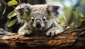 Cute koala, marsupial mammal, sitting on eucalyptus tree, looking at camera generated by AI Royalty Free Stock Photo