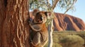 Cute koala in red mountain of Uluru background. Australia day concept