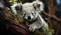 Cute koala sitting on branch, looking at camera in forest generated by AI Royalty Free Stock Photo