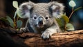 A cute koala sitting on a eucalyptus tree branch, looking at camera generated by AI Royalty Free Stock Photo