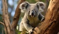 Cute koala sitting on eucalyptus tree, looking at camera generated by AI Royalty Free Stock Photo