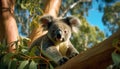 Cute koala sitting on eucalyptus tree, looking at camera generated by AI Royalty Free Stock Photo