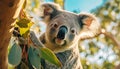 Cute koala sitting on eucalyptus tree, looking at camera generated by AI Royalty Free Stock Photo