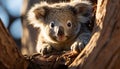 Cute koala sleeping on eucalyptus tree, alertness in nature generated by AI