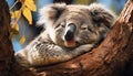 Cute koala sleeping on eucalyptus tree branch, eyes closed peacefully generated by AI Royalty Free Stock Photo