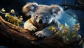 Cute koala sleeping on eucalyptus tree branch, looking at camera generated by AI Royalty Free Stock Photo