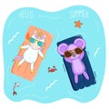 Cute koala and unicorn on floating mattresses Royalty Free Stock Photo