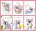 Cute koalas. Australian nature cute fluffy little bears, kids animals, banners with cartoon character and greeting text