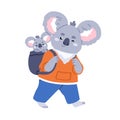 Cute koalas family. Happy bear parent carrying little baby animal in bag. Funny adorable kawaii childish characters