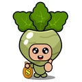 Kohlrabi vegetable costume mascot holding coin pouch Royalty Free Stock Photo