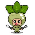 Kohlrabi vegetable mascot costume holding spoon and fork