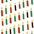 Cute Kwanzaa seamless pattern with hand drawn simple kinara candles in traditional African colors - black, red, green on white.