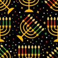 Cute Kwanzaa seamless pattern with seven kinara candles and dots, stars, in traditional African colors - black, red Royalty Free Stock Photo