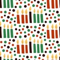 Cute Kwanzaa seamless pattern with seven kinara candles and dots in traditional African colors - black, red, green on white.