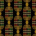 Cute Kwanzaa seamless pattern with seven kinara candles in traditional African colors - black, red, green on black