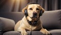Cute Labrador dog wearing headphones on the sofa music rest