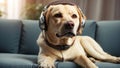 Cute Labrador dog wearing headphones on the sofa music rest puppy