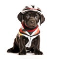 cute labrador puppy in cyclist clothes on white background