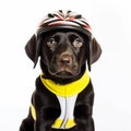 cute labrador puppy in a cyclist helmet