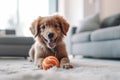 Cute Labrador puppy dog lying on white carpet in living room and playing with small pet toy ball. Royalty Free Stock Photo