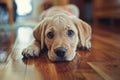 cute labrador puppy dog lying on a wooden floor in an appartement