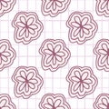 Cute lace floral endless wallpaper. Line art pink flower seamless pattern on dot background