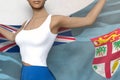 Pretty lady in bright skirt holds Fiji flag in hands behind her back on the white background - flag concept 3d illustration