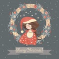 Cute lady christmas in wreath