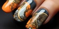 Cute lady fingers with shiny orange and black nail art design