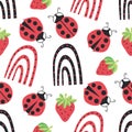 Cute ladybird, dotted rainbow, strawberry seamless vector pattern background.Ladybugs with strawberries and rainbows on