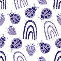 Cute ladybird, dotted rainbow, strawberry seamless vector pattern background.Periwinkle purple ladybugs with Royalty Free Stock Photo