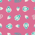 Cute ladybird, dotted rainbow, strawberry seamless vector pattern background. Teal cream whiteLadybugs with strawberries