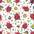 Cute ladybirds and rainbows seamless vector pattern background. Happy dancing ladybugs in childlike drawing style Royalty Free Stock Photo