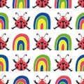 Cute ladybirds and rainbows seamless vector pattern background. Happy dancing ladybugs in childlike drawing style Royalty Free Stock Photo